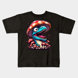 Crazy Velociraptor Mushroom Hat Dinosaur Garden Kids T-Shirt